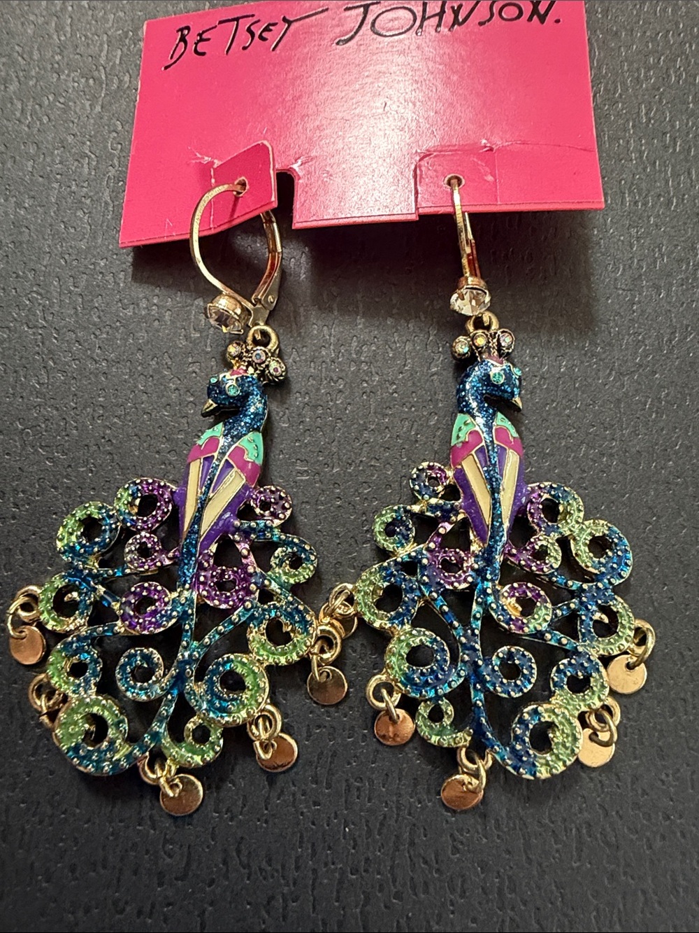 Betsey Johnson Blue Purple Green Peacock Drop Earrings - Gold Accents